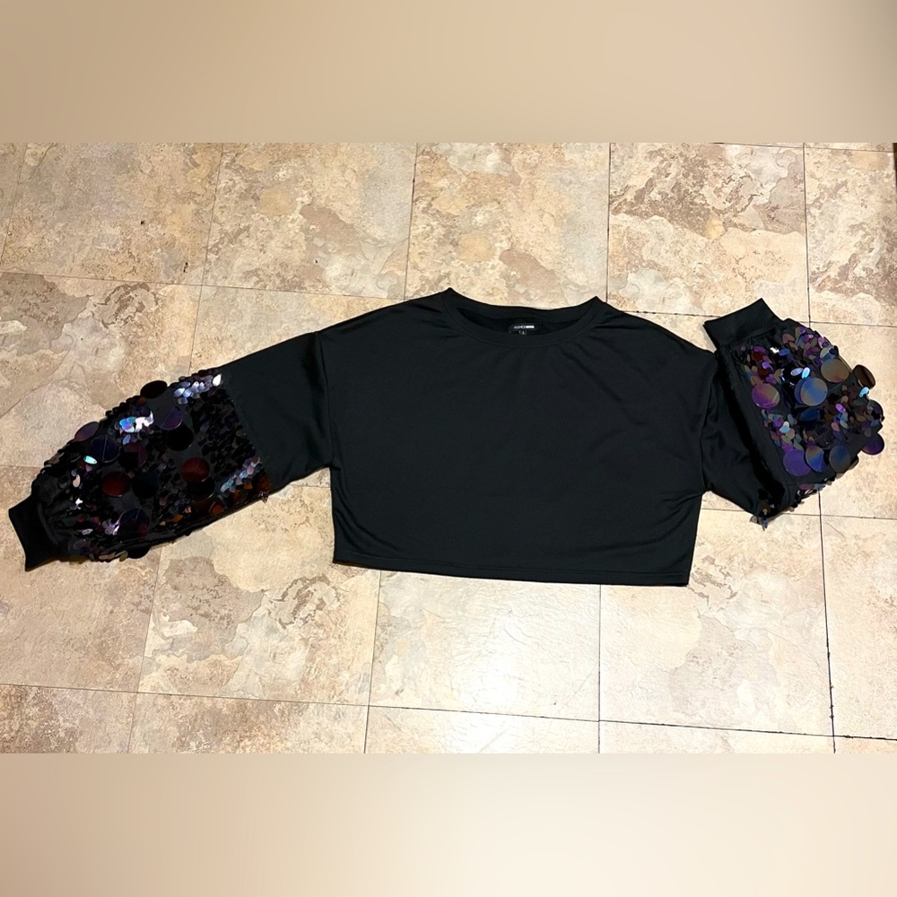 🖤SOLD🖤 New FASHION NOVA I Black Crop Top w/Sequin Sleeves, size Large. - Picture 6 of 6